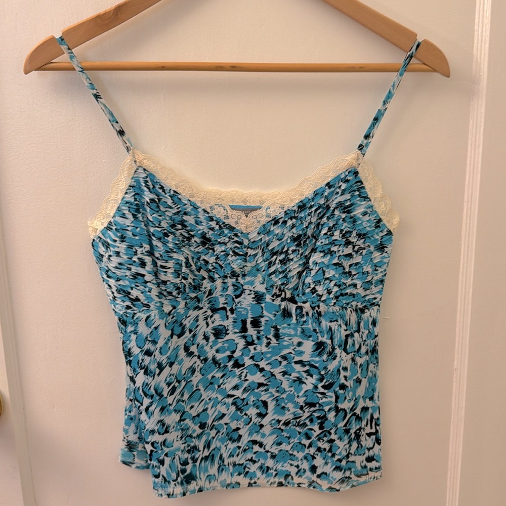 Ann Taylor Blue Cheetah Blouse with Lace Trim - Size 4P